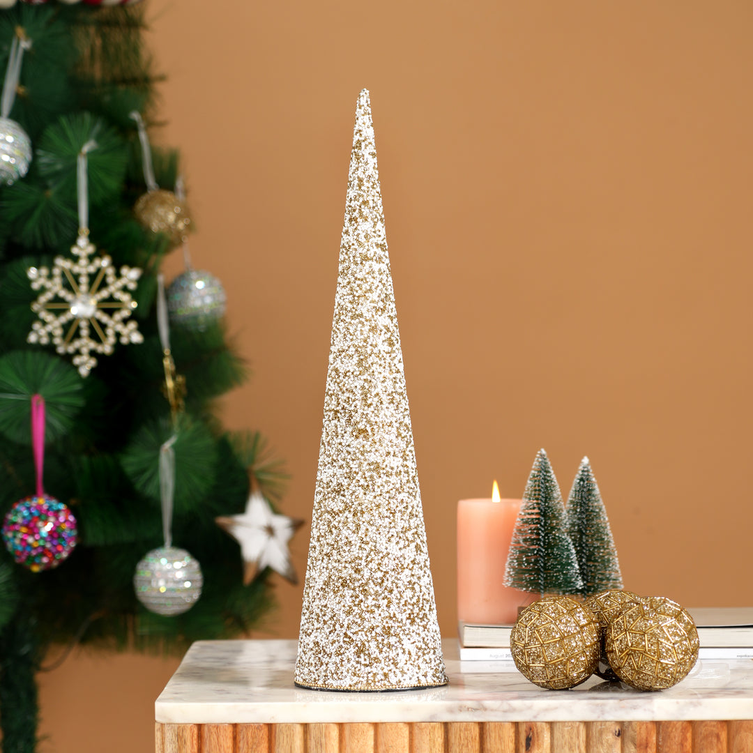 Beaded Decorative Cone – Natural Gold Mix – 18 cm