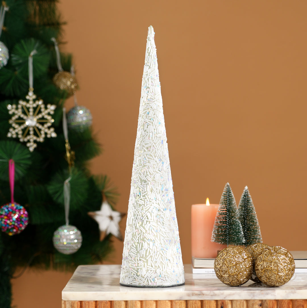 Beaded Decorative Cone – Ivory & Gold – 18 cm