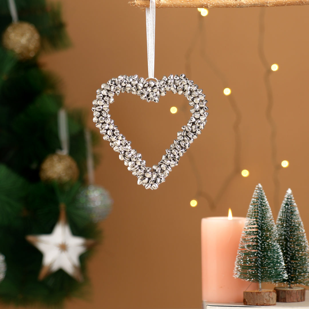 Silver Beaded Heart Christmas Hanging Ornament
