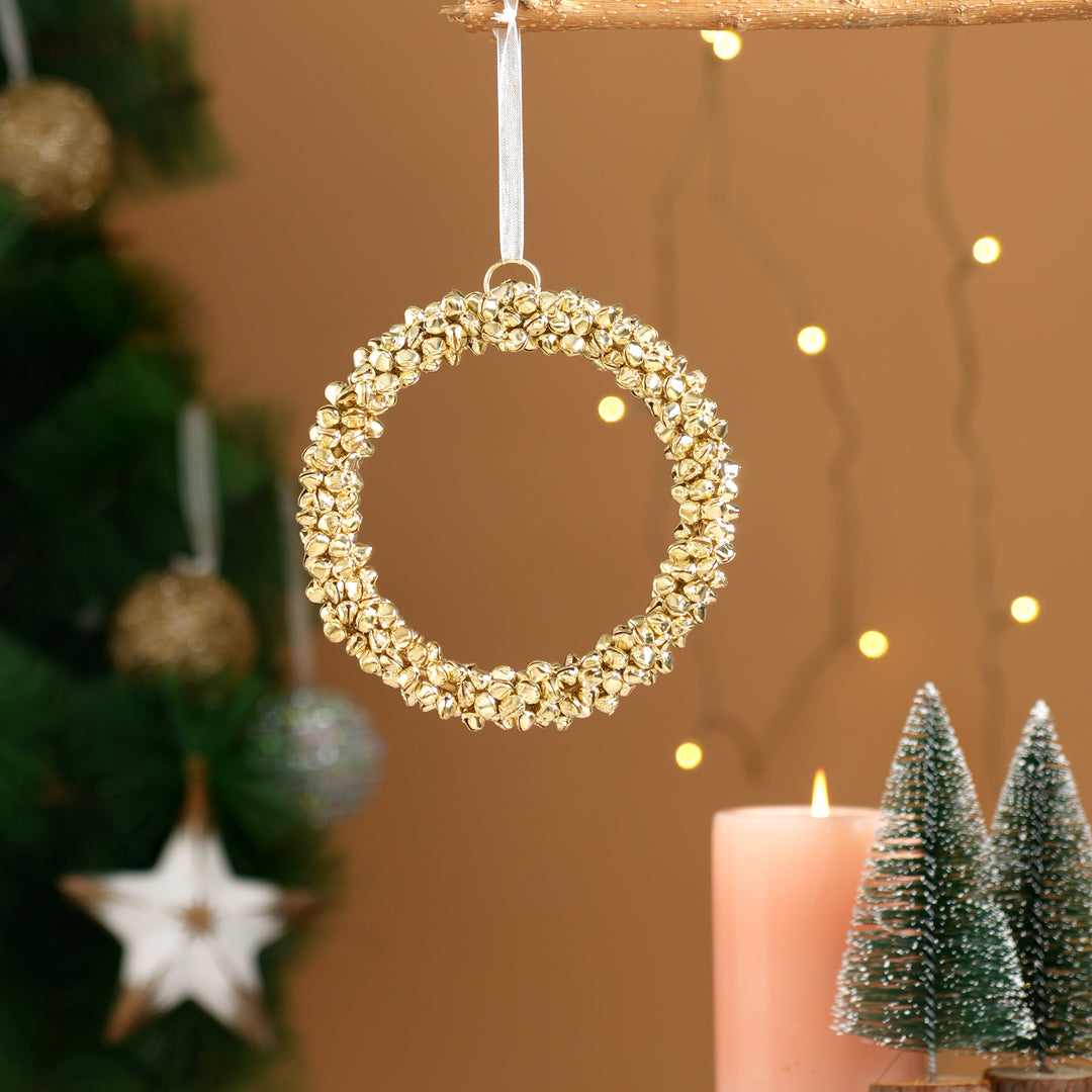 Gold Beaded Christmas Wreath Hanging Ornament