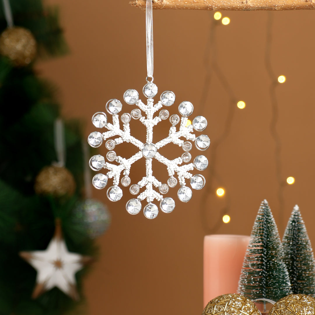 Silver Beaded Snowflake Hanging Ornament