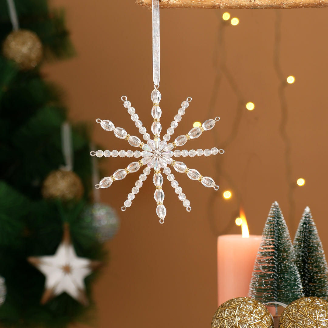 Silver & White Beaded Snowflake Hanging Ornament
