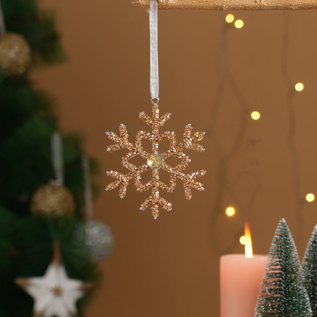 Gold Beaded Snowflake Christmas Hanging Ornament