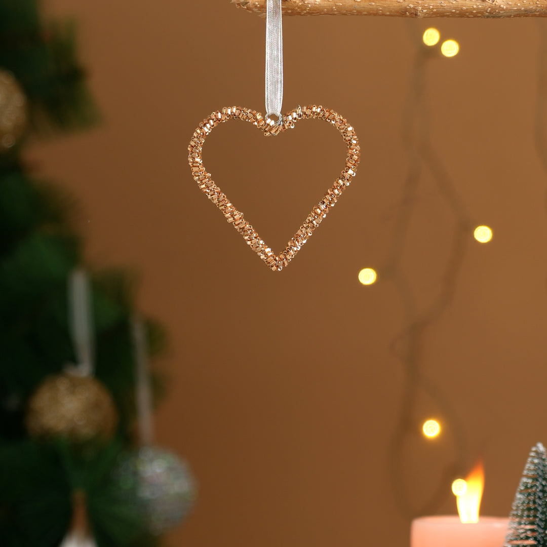 Gold Beaded Heart Hanging Ornaments – Set of 3