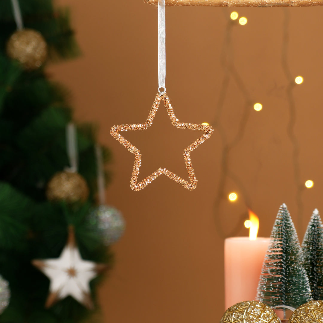 Gold Beaded Star Hanging Ornaments – Set of 3