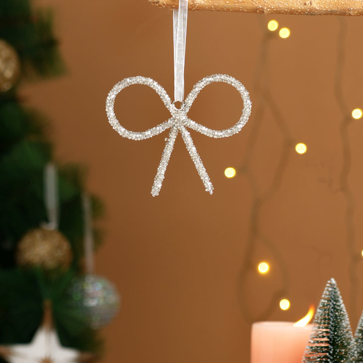 Silver Beaded Bow Christmas Hanging Ornament