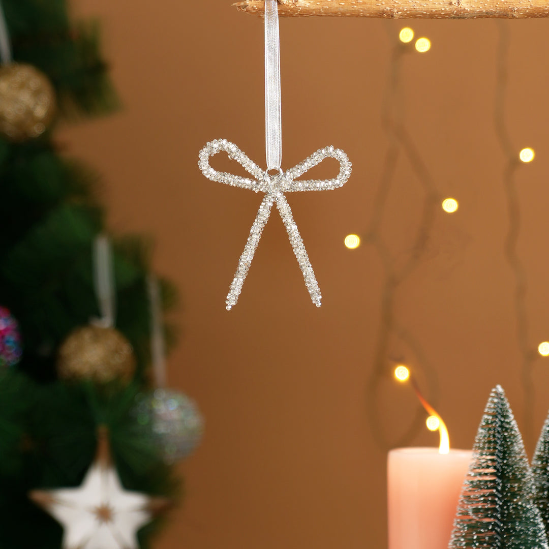 Silver Beaded Bow Hanging Ornament - 10 cm