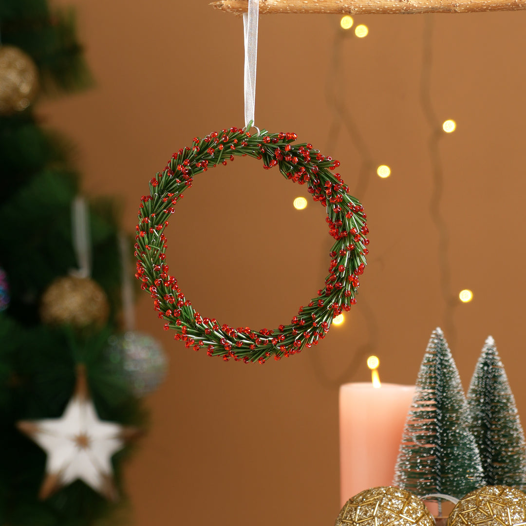 Red & Green Beaded Christmas Wreath Hanging Ornament