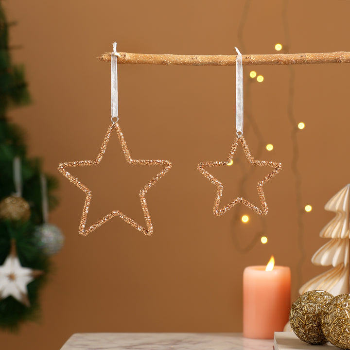 Gold Beaded Star Hanging Ornaments – Set of 3