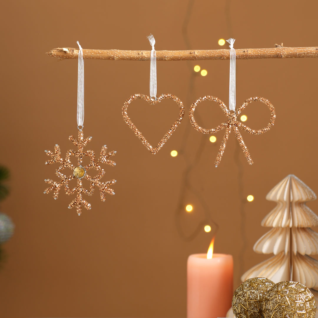 Gold Beaded Heart Hanging Ornaments – Set of 3