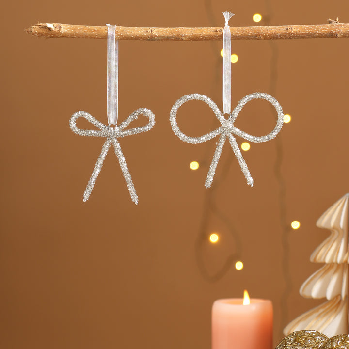 Silver Beaded Bow Hanging Ornament - 10 cm