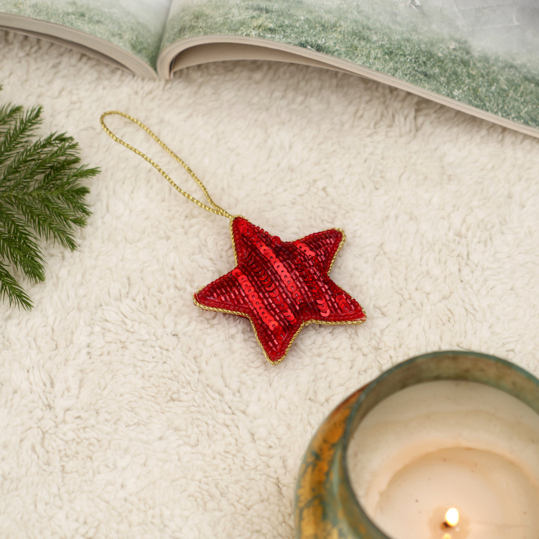 Red Beaded Star Christmas Tree Ornament