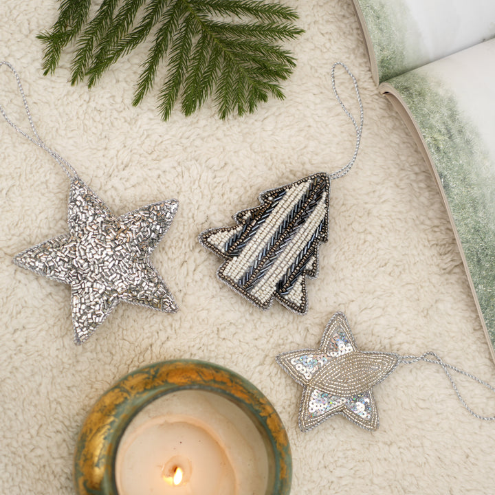 Beaded Star Hanging Ornament - Silver