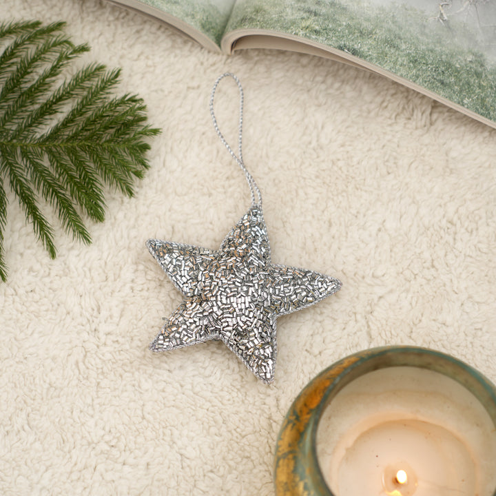 Beaded Star Hanging Ornament - Silver