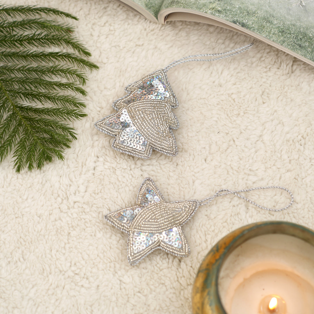 Silver Beaded Christmas Tree Hanging Ornament