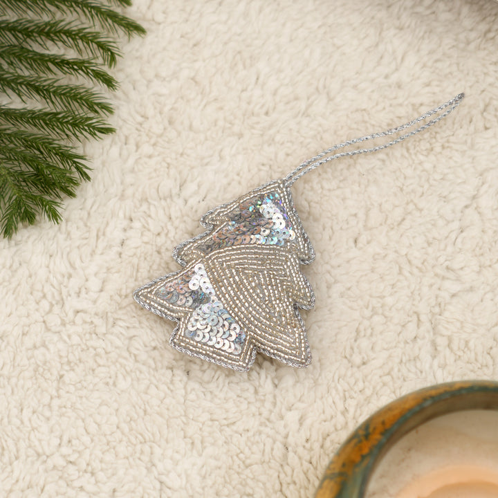 Silver Beaded Christmas Tree Hanging Ornament