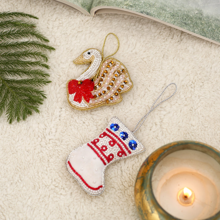 Beaded Felt Swan Hanging Ornament