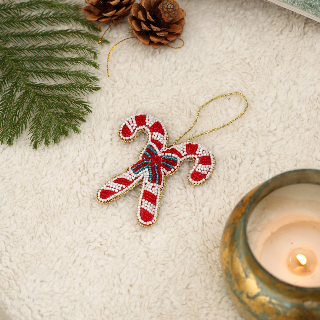 Felt Candy Cane Hanging Christmas Ornament - 6 cm