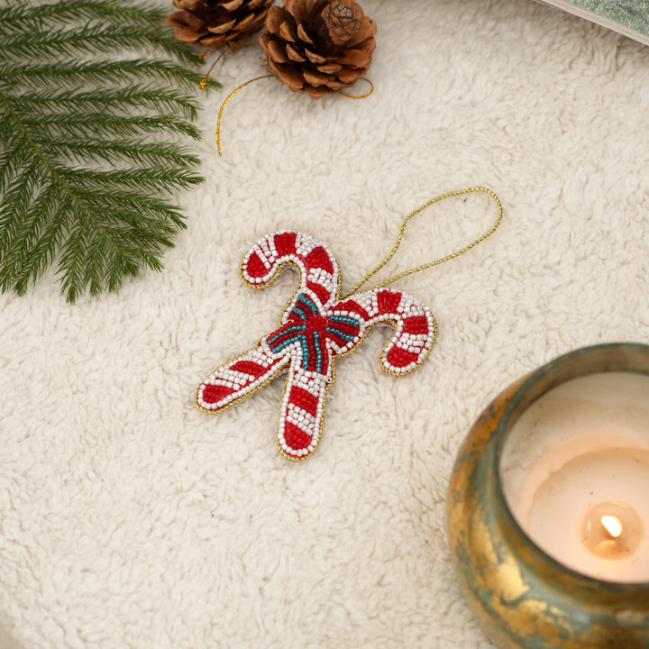 Felt Candy Cane Hanging Christmas Ornament - 6 cm