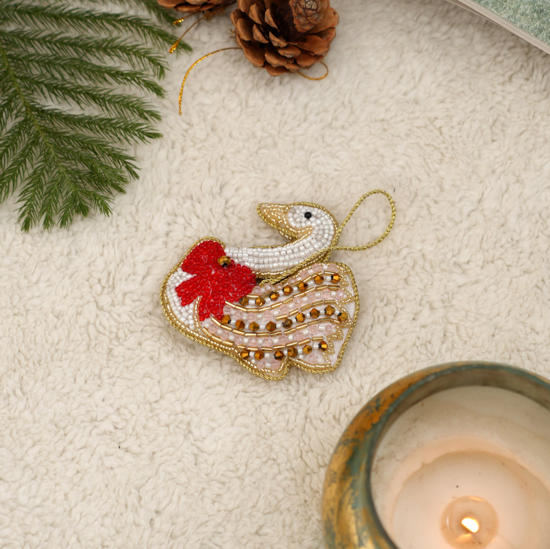 Beaded Felt Swan Hanging Ornament