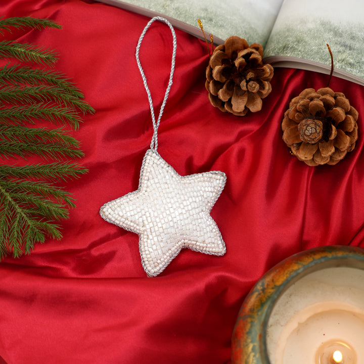 Beaded Star Hanging Ornament - White