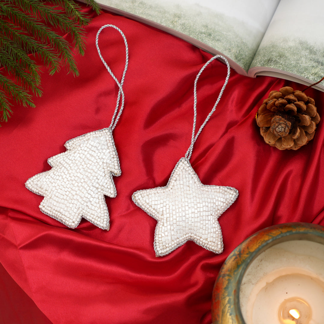 Beaded Star Hanging Ornament - White