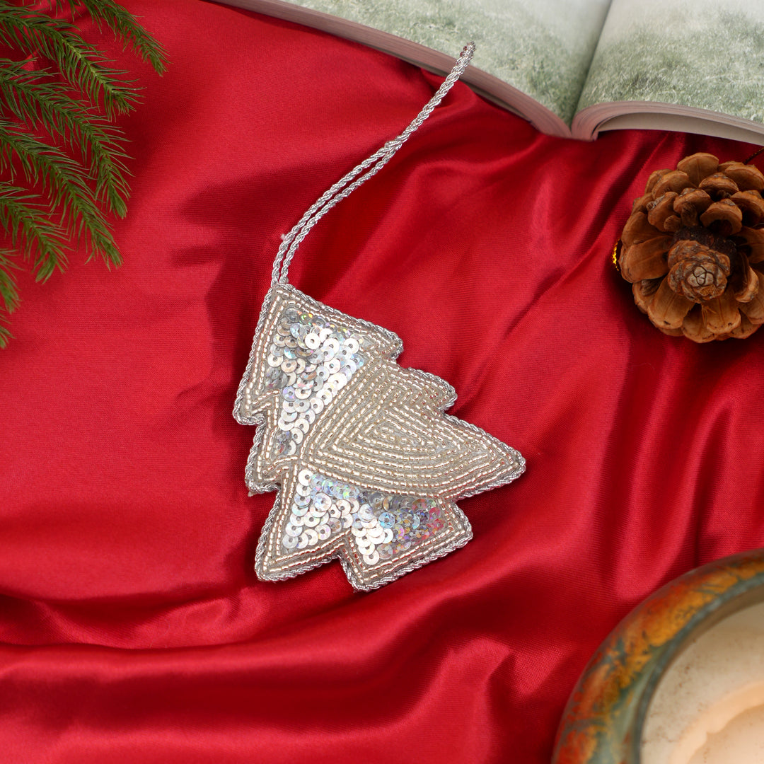 Silver Beaded Christmas Tree Hanging Ornament