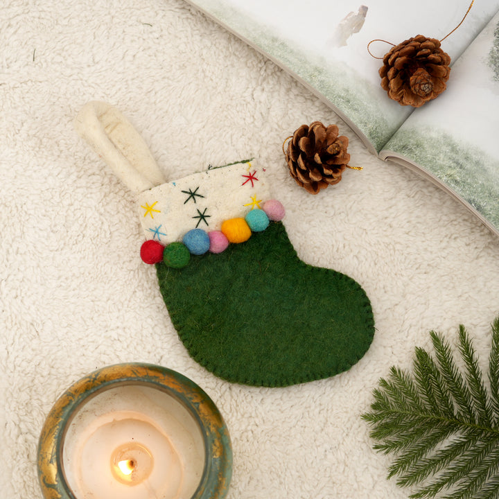 Mini Felt Christmas Stocking with Stars – Green