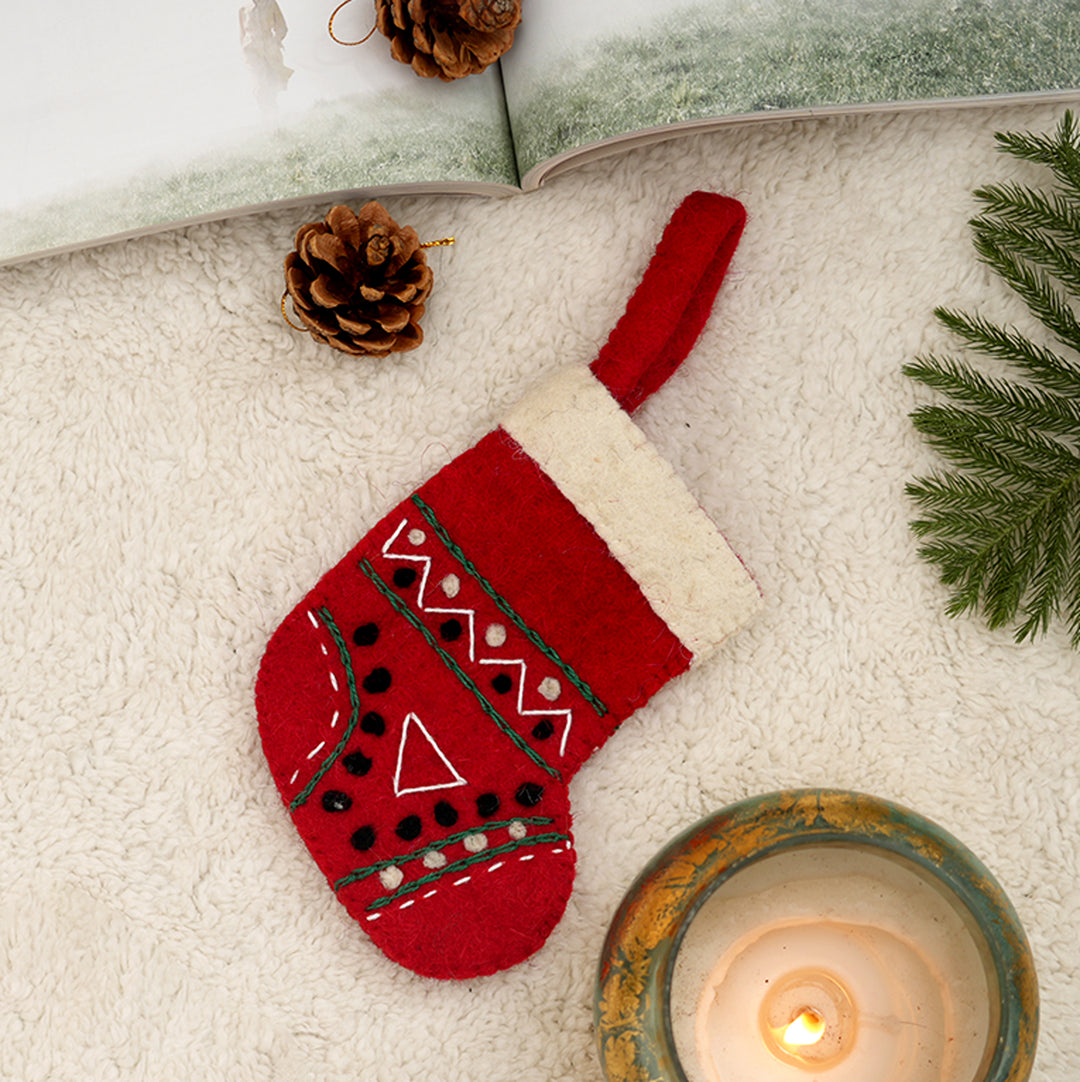 Title: Mini Red Felt Christmas Stocking Ornament
