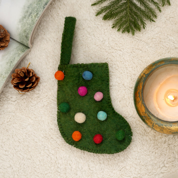 Mini Felt Christmas Stocking with Dots – Green
