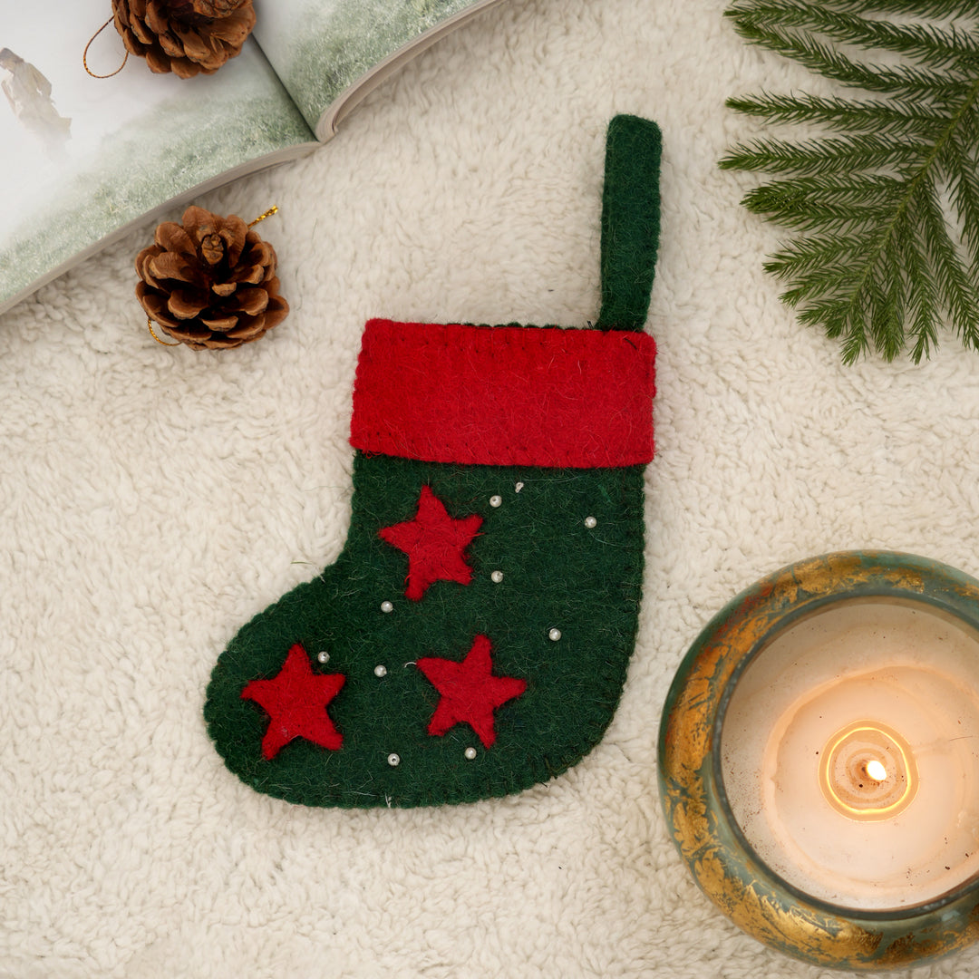 Mini Felt Christmas Stocking with Stars – Green