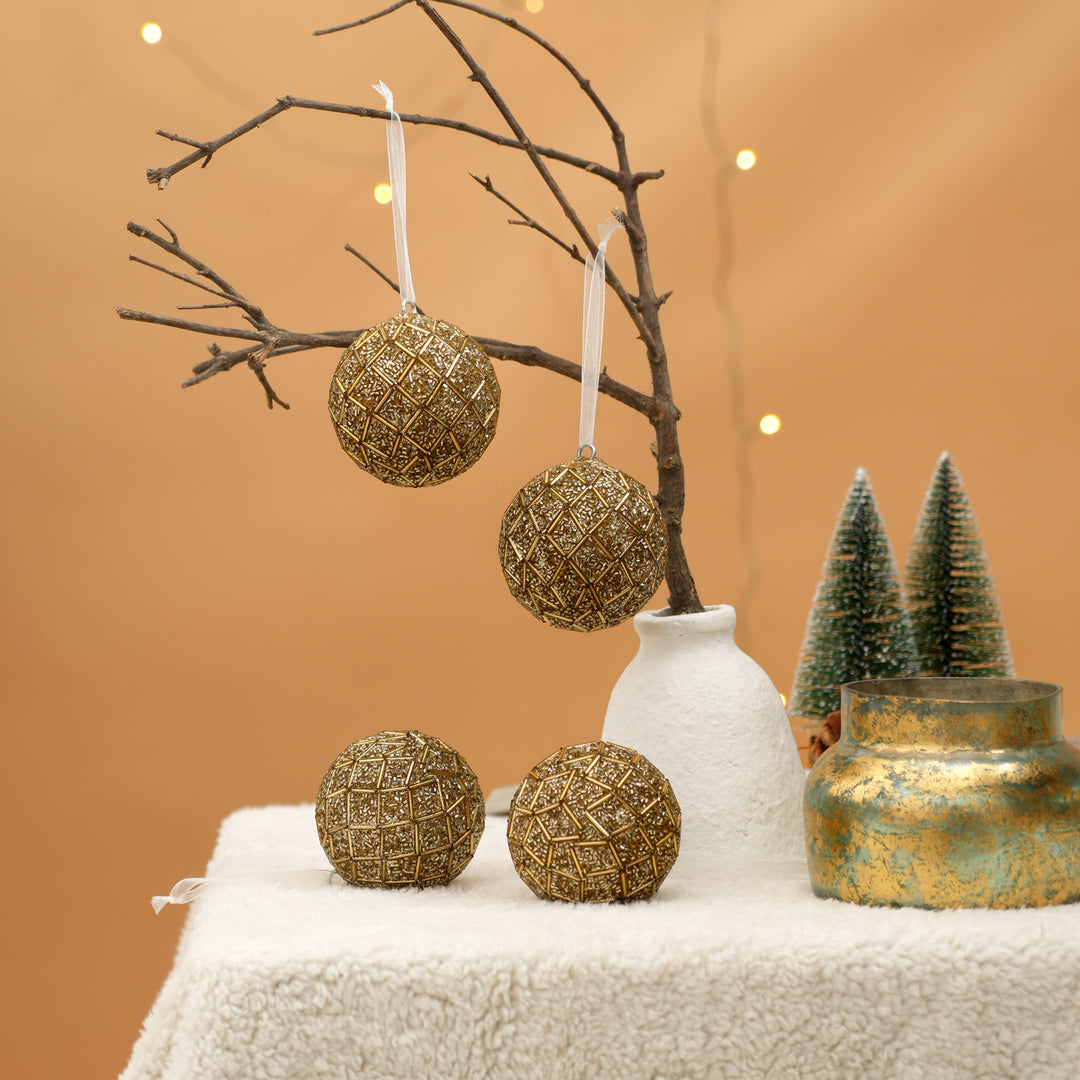 Gold Lattice Beaded Ball Ornament Set of 4