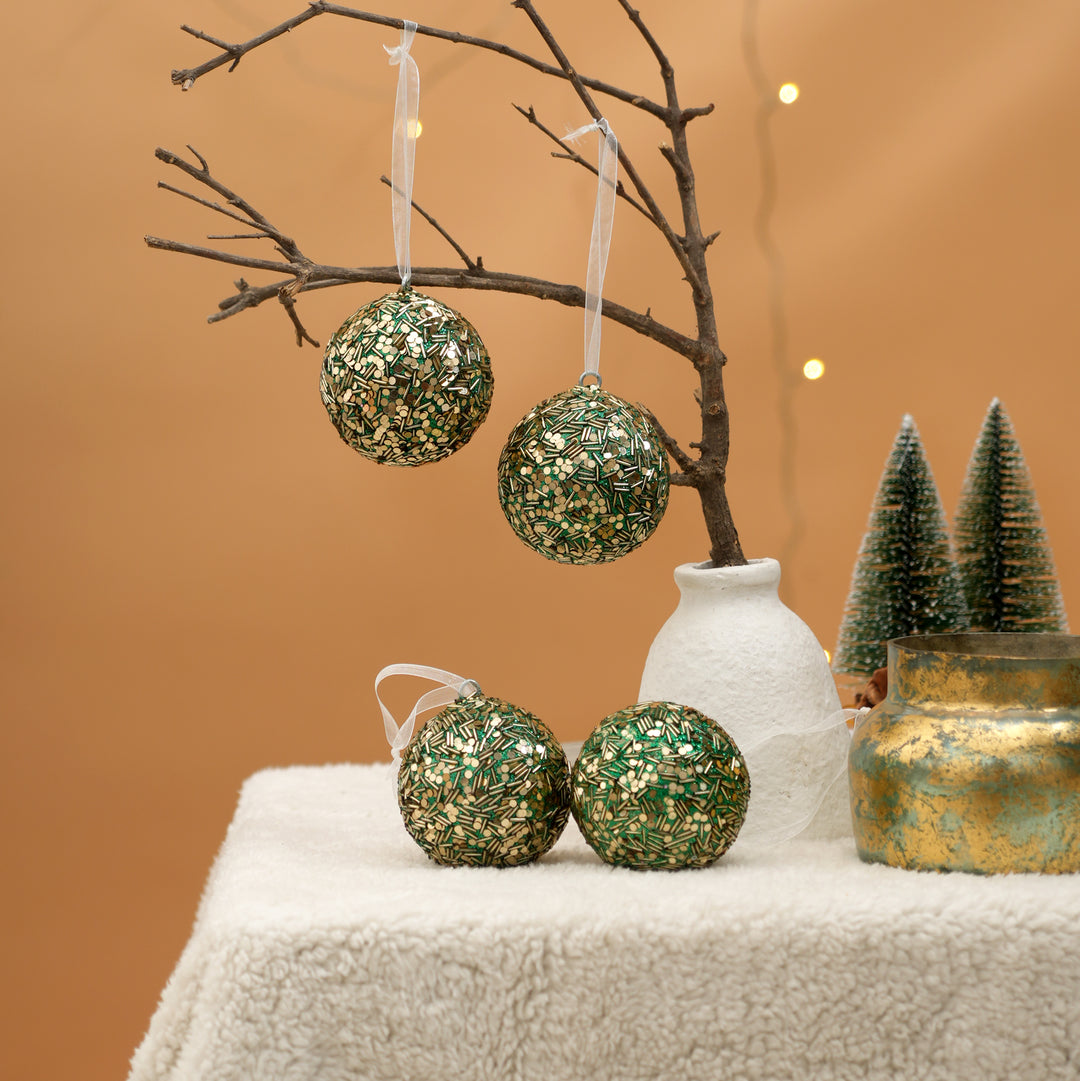 Green & Golden Beaded Christmas Ball Ornament Set of 4