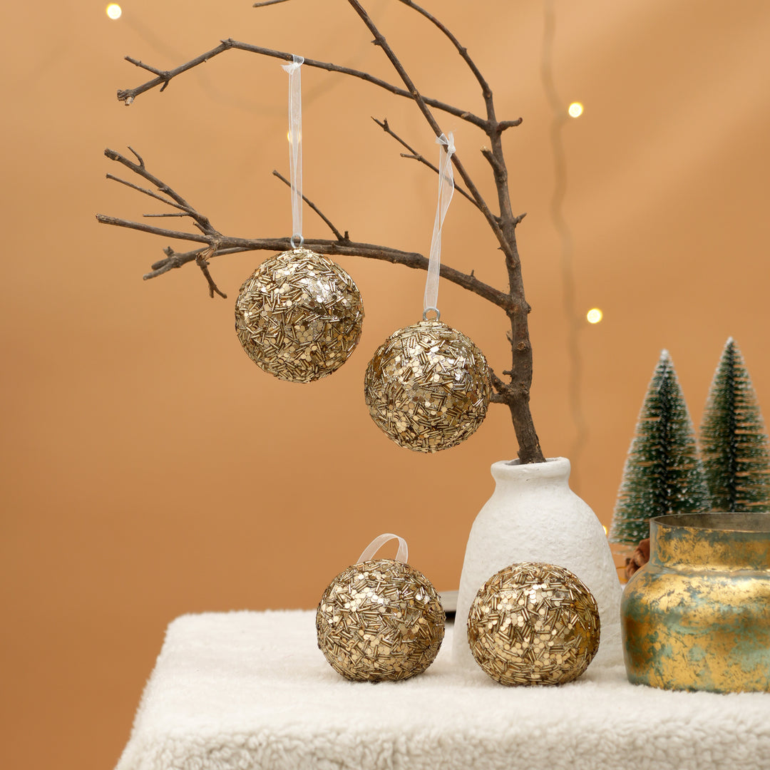 Gold Beaded Hanging Ball Ornaments – Set of 4