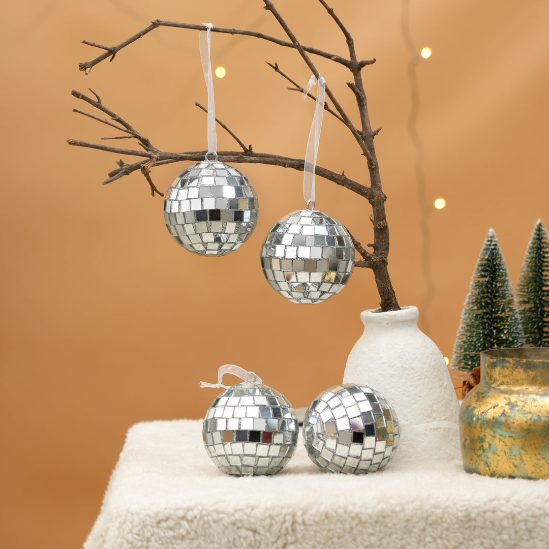 Silver Glass Mosaic Hanging Ball Ornaments – Set of 4