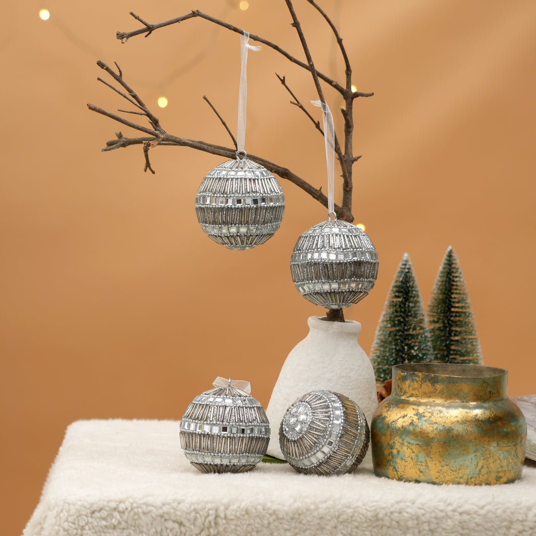 Silver Beaded Hanging Ball Ornaments – Set of 4