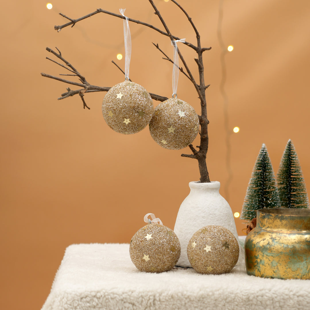 Gold Star Beaded Ball Ornament Set of 4