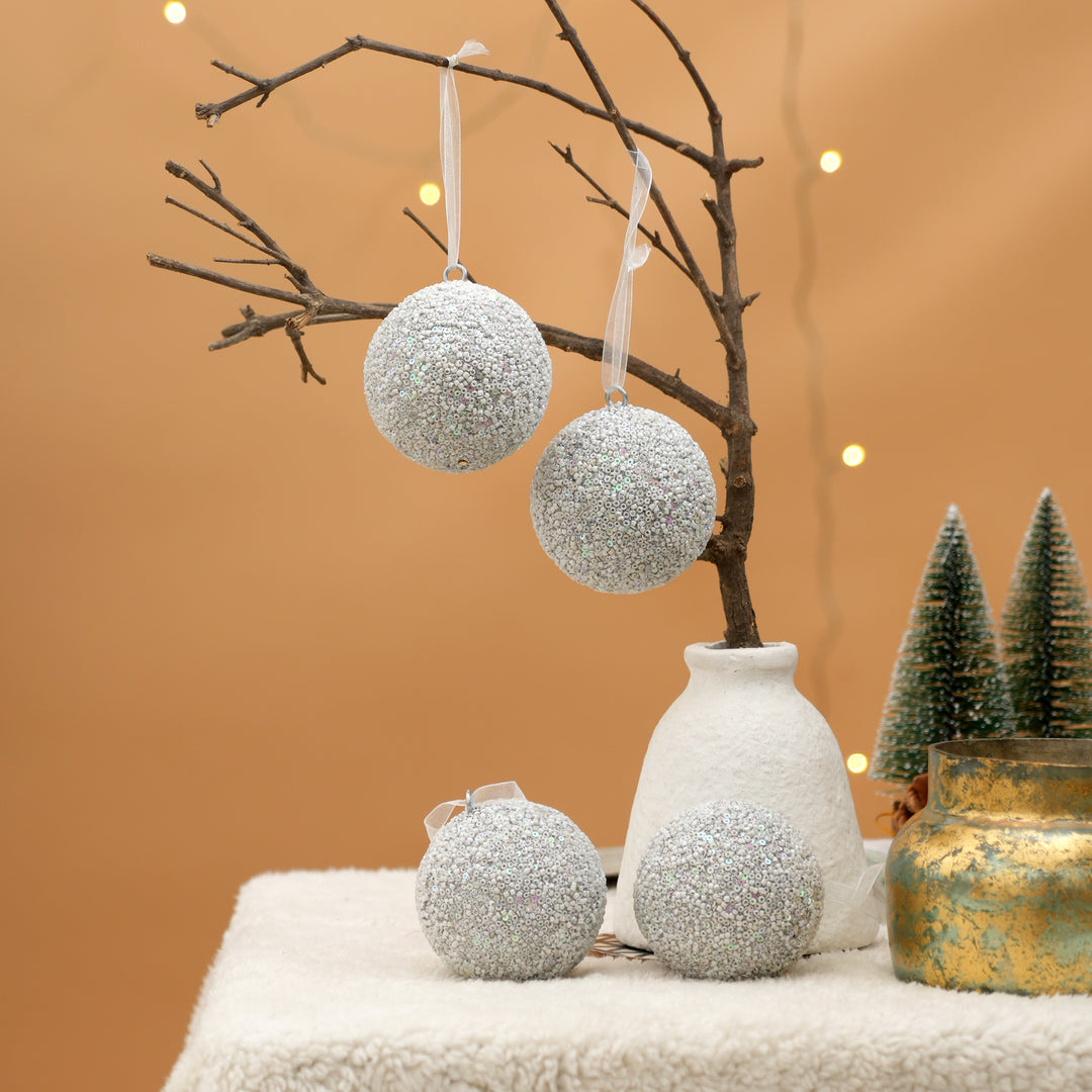 Silver Beaded Christmas Ball Ornament Set of 4