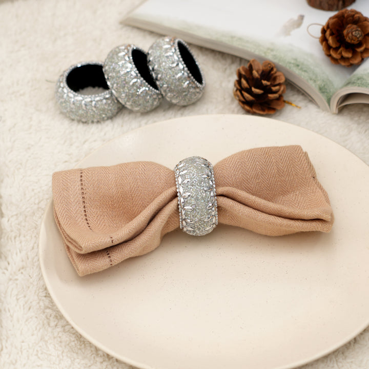Silver Beaded Napkin Rings – Set of 4 for Table Décor