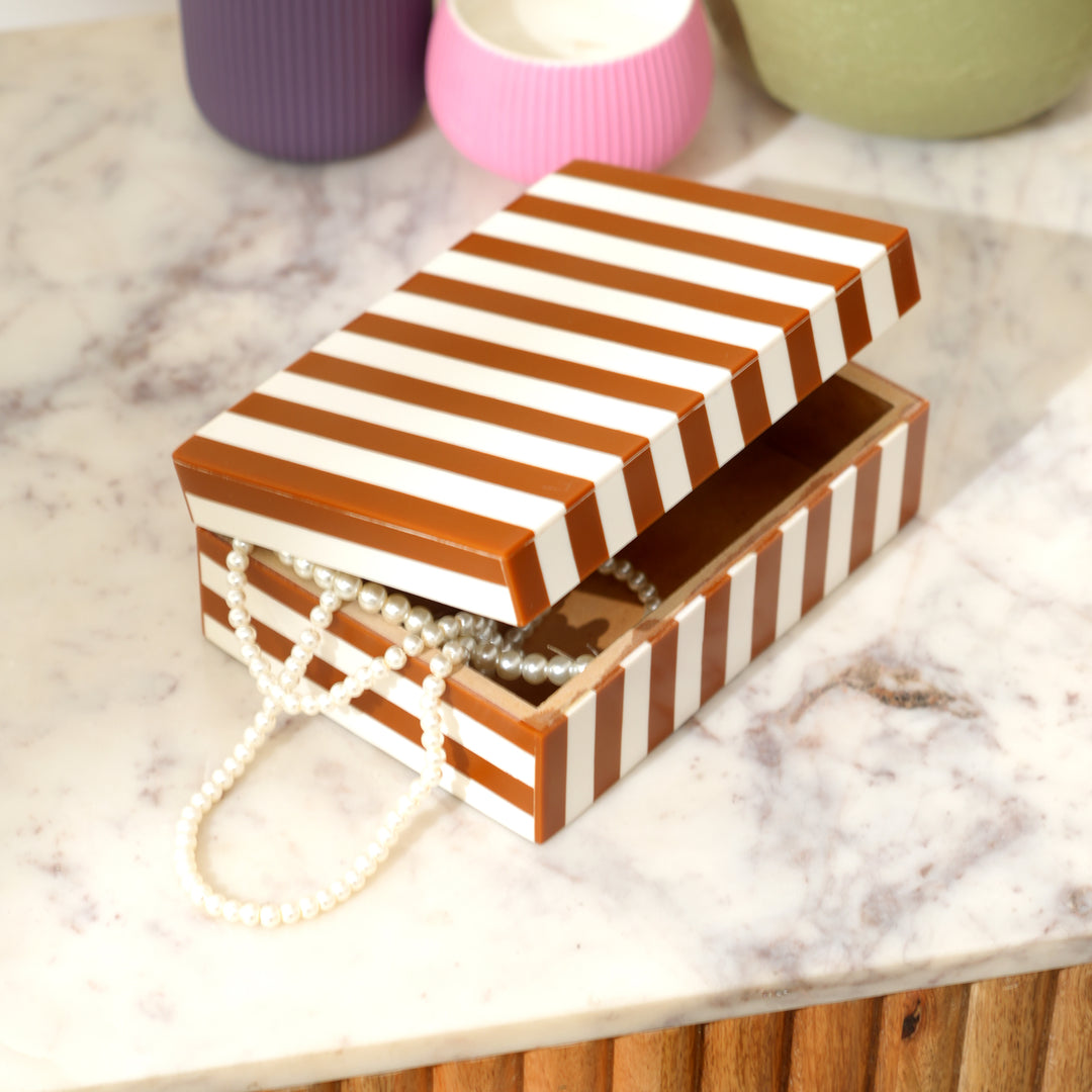 Brown Striped Resin Storage Box MDF Decorative Organizer