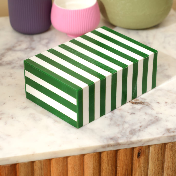 Green Striped Resin Storage Box Modern MDF Decor Organizer