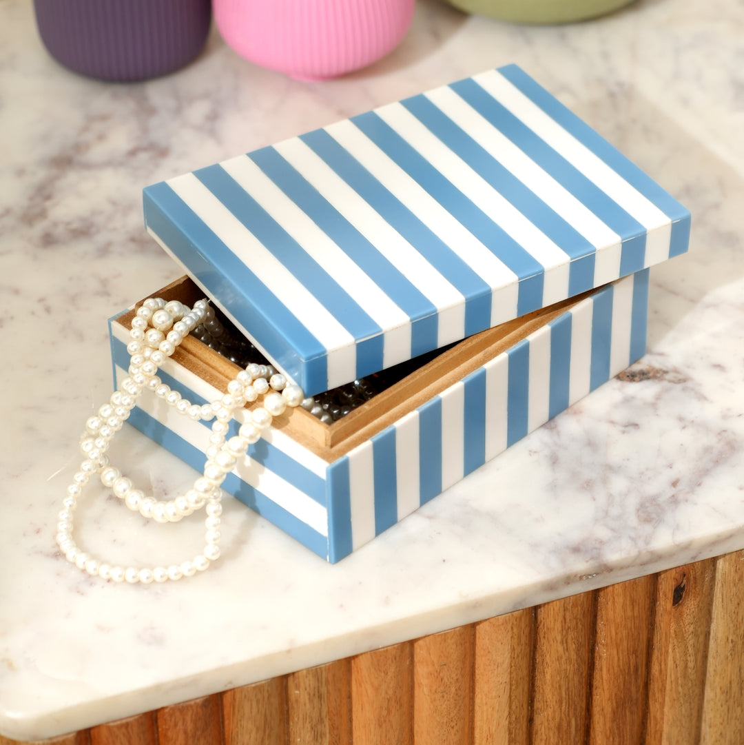 Blue Striped Resin Box Glossy MDF Storage Decor 17cm