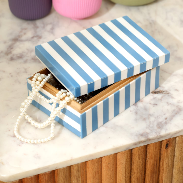 Blue Striped Resin Box Glossy MDF Storage Decor 17cm