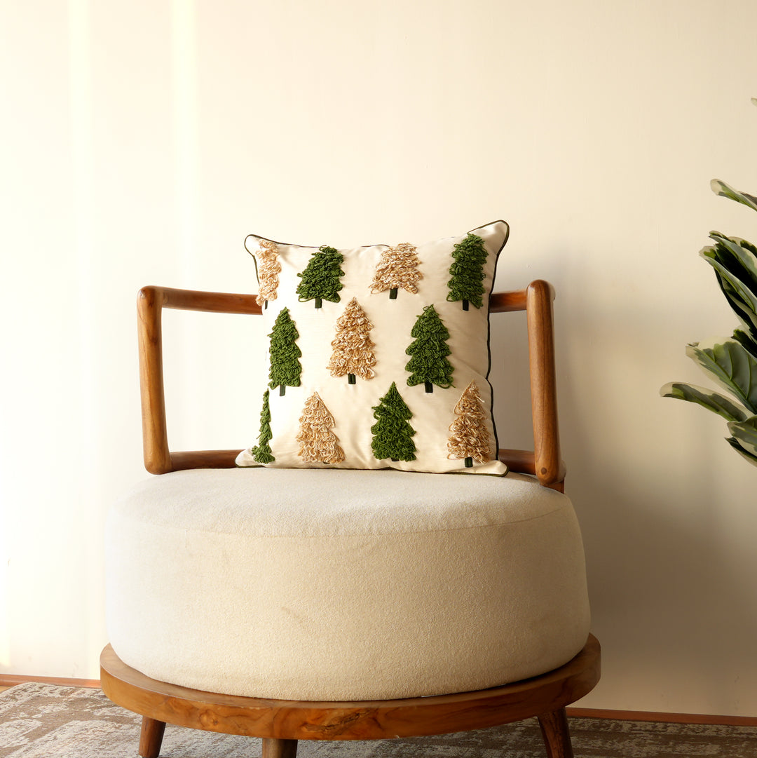 Cotton Slub Cushion with Textured Tree Embroidery