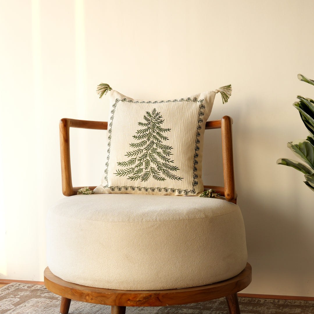 Cotton Slub Cushion with Pine Tree Embroidery