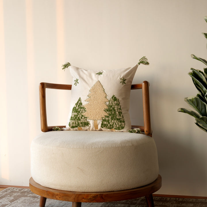 Cotton Slub Cushion with Tree Embroidery & Tassels