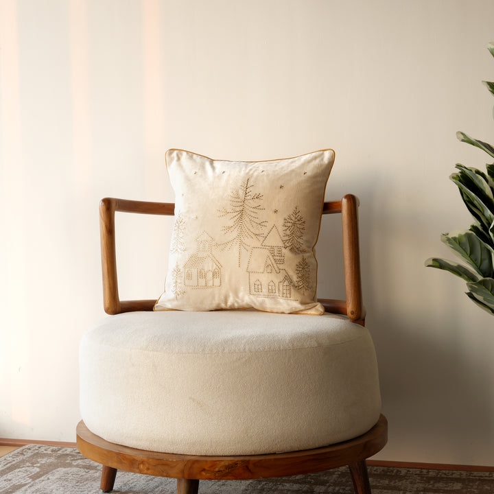 Velvet Cushion with Gold Zari Embroidery – Ivory