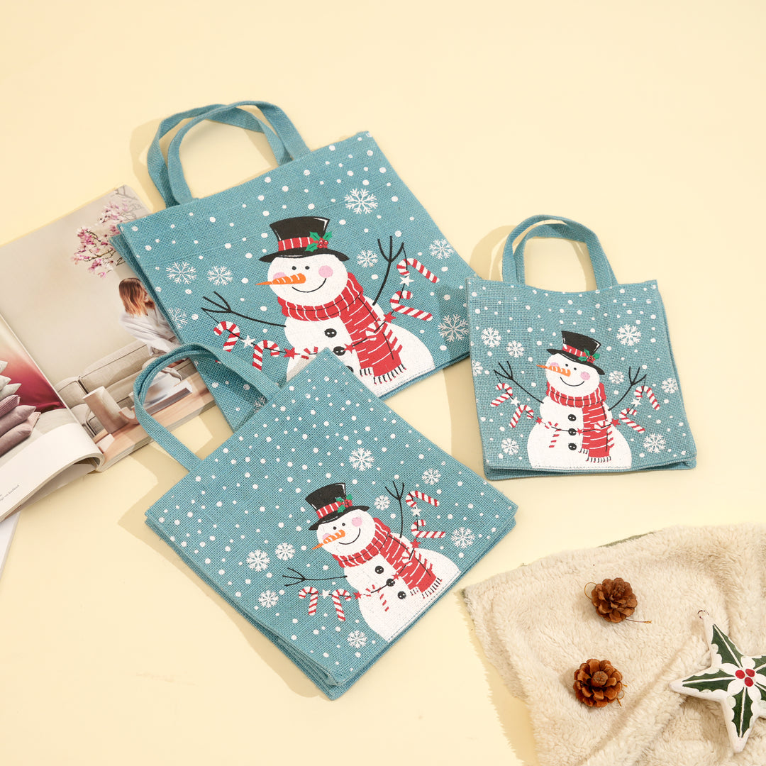 Snowman Laminated Jute Gift Bags – Reusable Cotton Handles