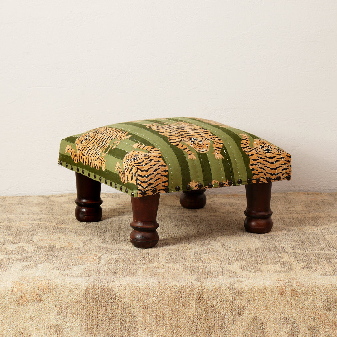 Jungle Stripe Cotton Footstool with Wooden Legs – Green
