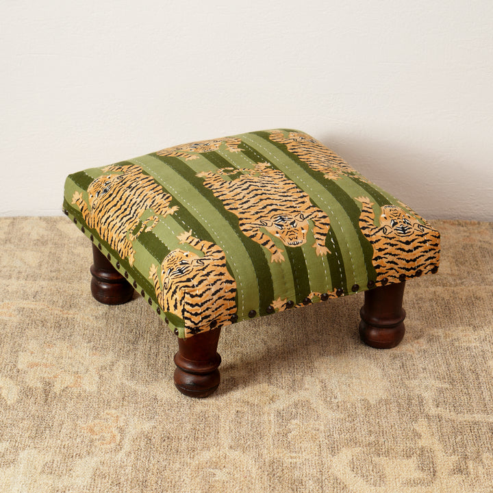 Jungle Stripe Cotton Footstool with Wooden Legs – Green